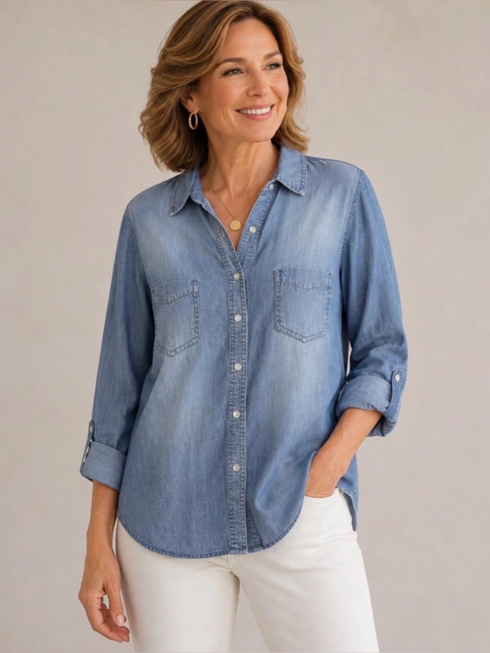 Chico's Classic Light-Wash Blue Denim Shirt Size 4(2XL) Button Down 100% Cotton